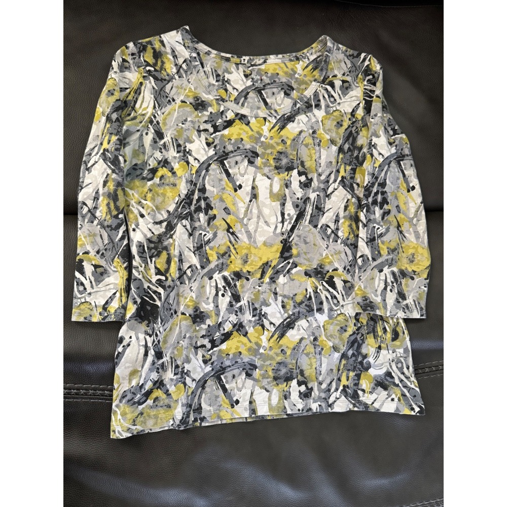Style & Co Abstract Print 3/4 Sleeve Top - Yellow, Gray, Black - Size S